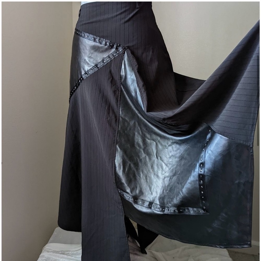 Vintage Y2K 1990 Black Pinstripe Leather Patchwork Long Skirt Sz 40/M